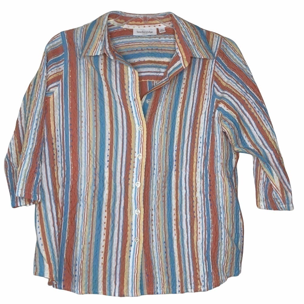 BRECKENRIDGE WOMAN Cotton Blue, Orange, Ivory Striped Button Down Top - Size 1X